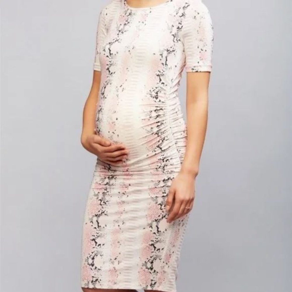 Isabella Oliver Ruched Pink Python Maternity Dress - Picture 3 of 8